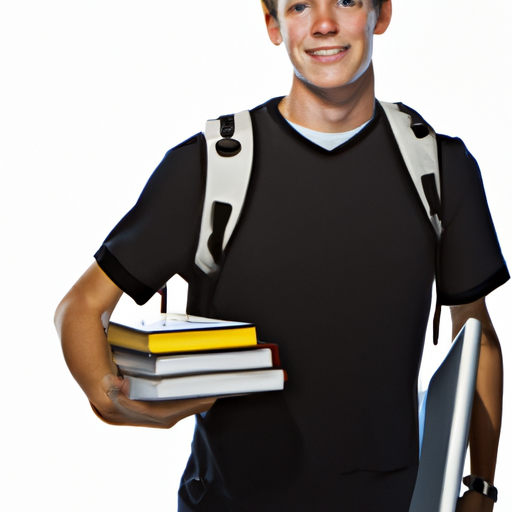 A young student holding a stack of textbooks and a laptop, smiling confidently as they prepare to face the school year. The student is wearing a backpack and has a determined look on their face.